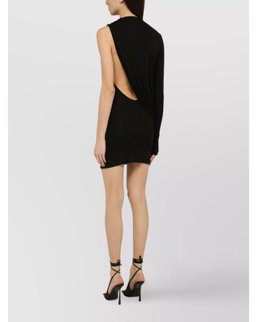 ANDREADAMO Black Viscose One-Shoulder Draped Mini Dress