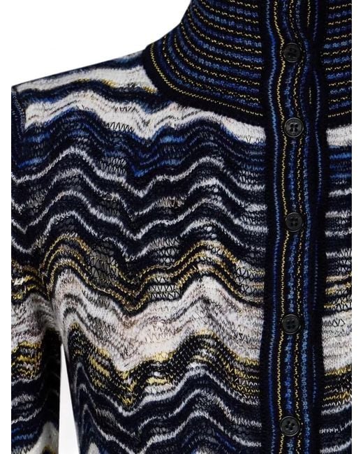 Missoni Blue Zigzag Knit Polo Long Sleeve Top