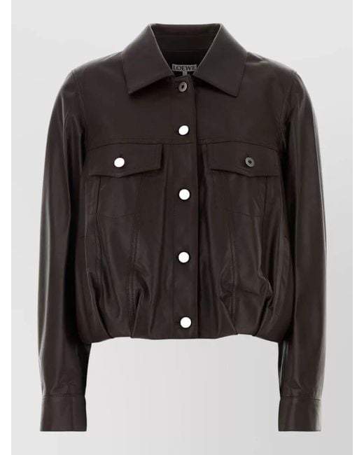 Loewe Black Leather Jacket Long Sleeves Collared Neck Pockets