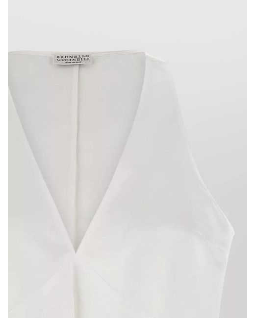 Brunello Cucinelli White Fluid Twill Sleeveless Top Deep Neckline