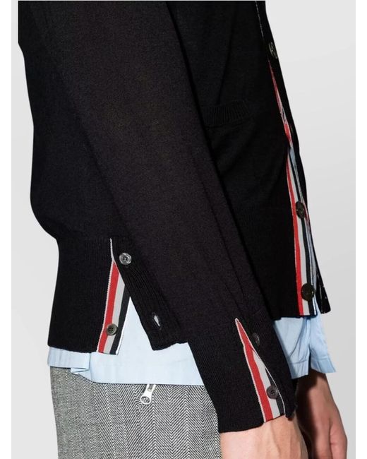Thom Browne Black V-Neck Cardigan Merino Wool Stripe Detail for men