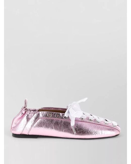 Ganni Pink Lace Up Ballerina Flats Metallic Detail