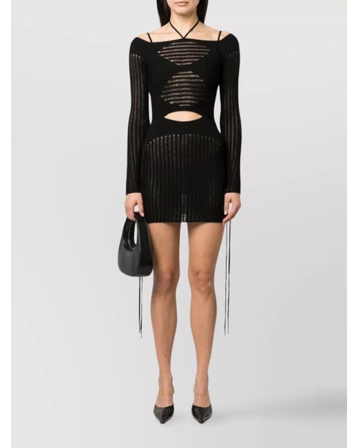 ANDREADAMO Black Ribbed Knit Cutout Halterneck Long-Sleeve Mini Dress
