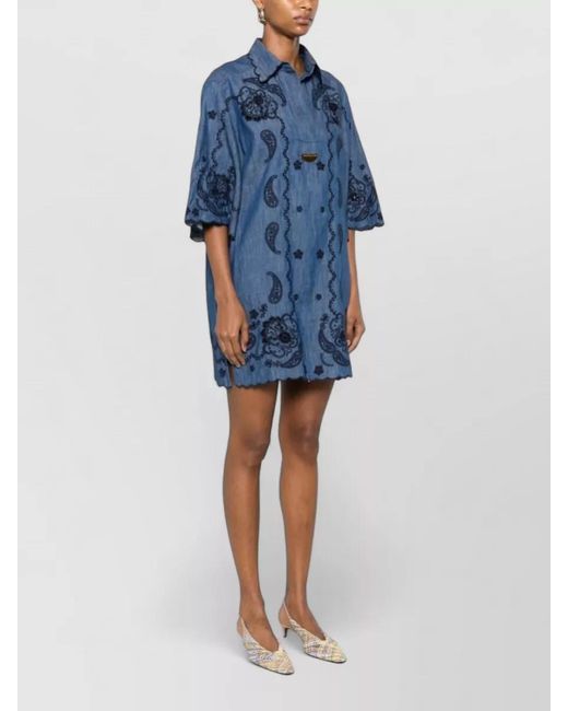 Zimmermann Blue Aster Denim Mini Dress Paisley Embroidery Scalloped
