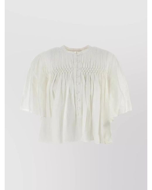 Isabel Marant White Cotton Blend Pleated Short-Sleeve Blouse