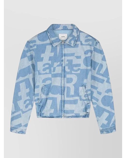 Arte' Blue Denim Jacket Allover Pattern Elastic Hem for men