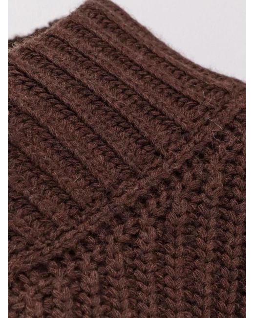Staud Brown Wool Ribbed V-Neck Asymmetric Hem Sweater