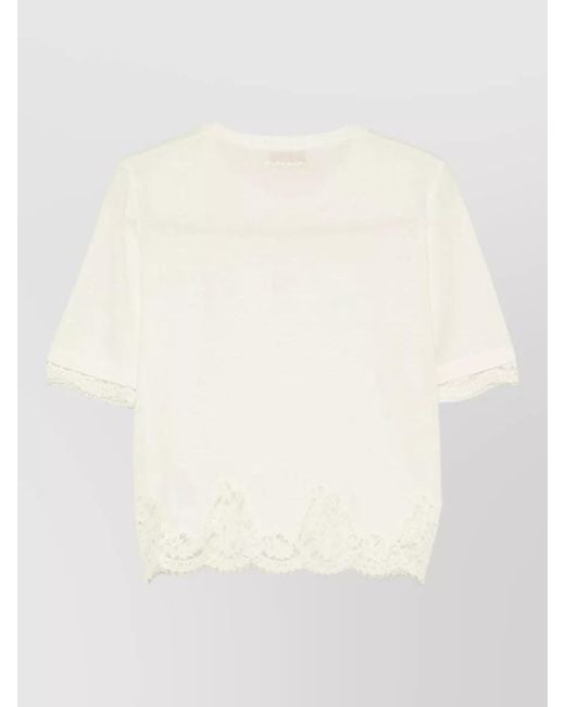 ERMANNO FIRENZE White Knit Top Crew Neck Lace Trim Scalloped Hem