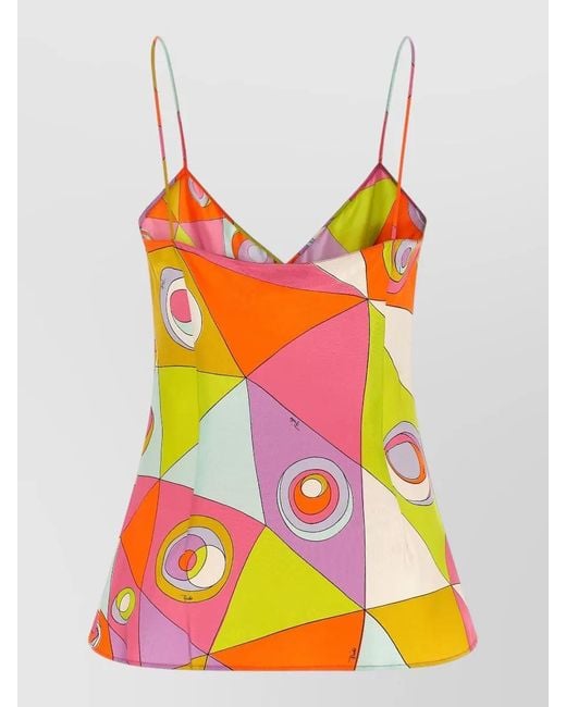 Emilio Pucci Multicolor Silk Top Geometric Pattern Spaghetti Straps V Neckline