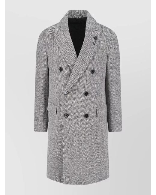 Lardini Gray Double Breasted Herringbone Coat Notched Lapel for men