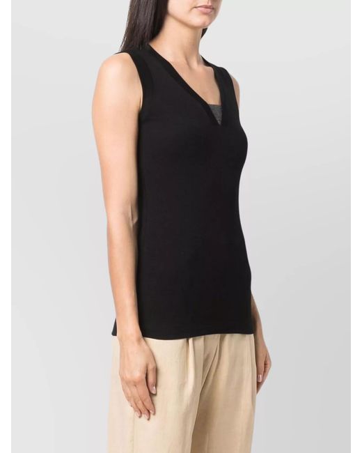 Brunello Cucinelli Black Cotton V-Neck Sleeveless Tank Top