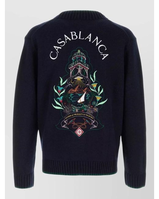 Casablanca Blue Wool Blend Cardigan Embroidered Contrast Trim Pockets for men
