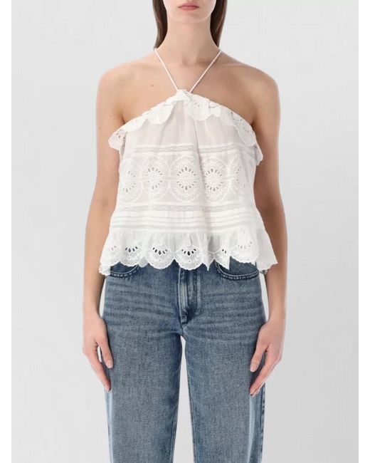 Isabel Marant Blue Cotton Floral-Lace Halterneck Frilled Blouse