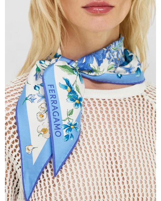 Ferragamo Blue Silk Printed Scarf