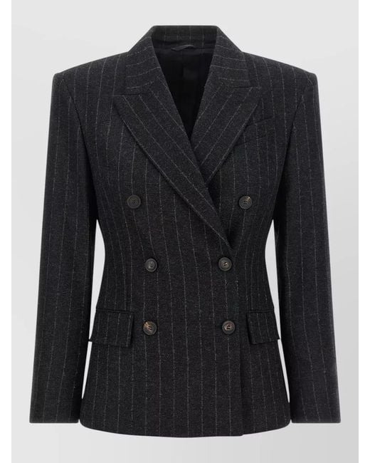 Brunello Cucinelli Black Pinstripe Blazer Wool Cashmere Peak Lapels