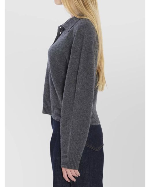 Loulou de Saison Gray Cashmere Ribbed Cropped Relaxed-Fit Long-Sleeve Polo Shirt