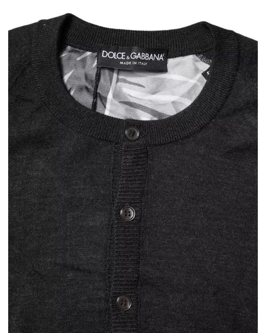 Dolce & Gabbana Black Printed Henley Neck Pullover Sweater for men