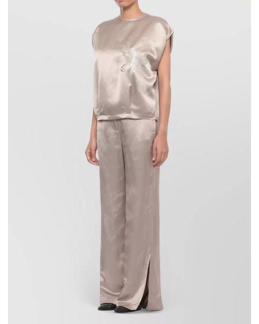 Panicale Natural Satin Blouse And Trousers Embroidery Detail