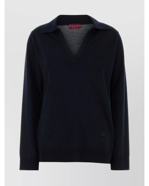Gucci Blue Wool Oversized V-Neck Polo Sweater