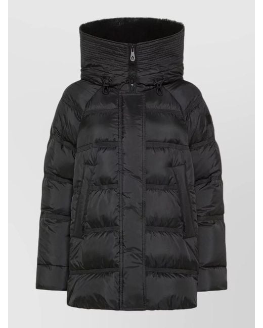 Peuterey Black Long Hooded Jacket Fur Trim Quilted Design