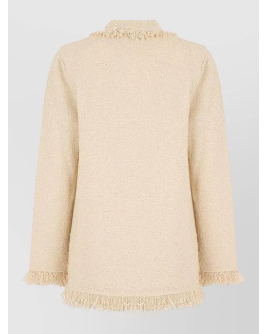 Elisabetta Franchi Natural Double Breasted Blazer Fringed Hem Detailing