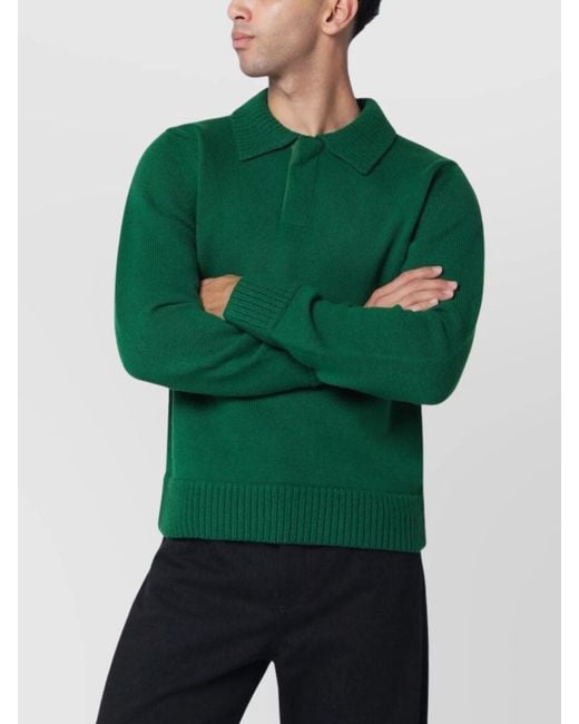 Sacai Green Wool Sweater With Polo Collar And Ribbed Cuffs for men