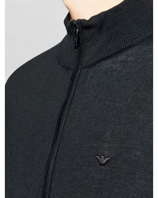 Emporio Armani Blue Wool Cardigan High Neck Long Sleeves for men