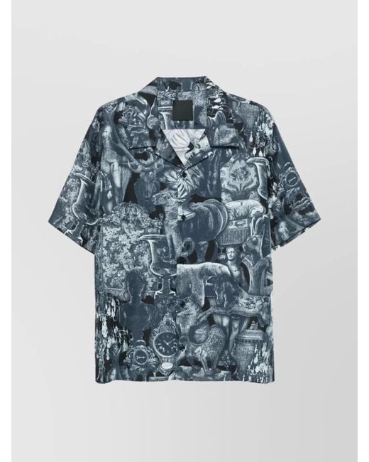 Givenchy Blue Silk Printed Short-Sleeve Shirt for men