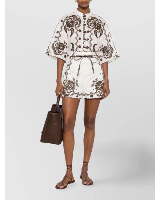 Zimmermann White Embroidered Linen Mock Neck Short-Sleeve Shirt