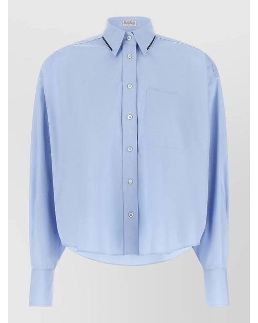 Brunello Cucinelli Blue Monile Trim Cotton Cropped Shirt