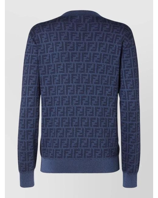 Fendi Blue Wool Silk Ff Crew Neck Jumper