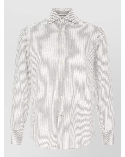 Brunello Cucinelli White Striped Cotton French Collar Shirt for men