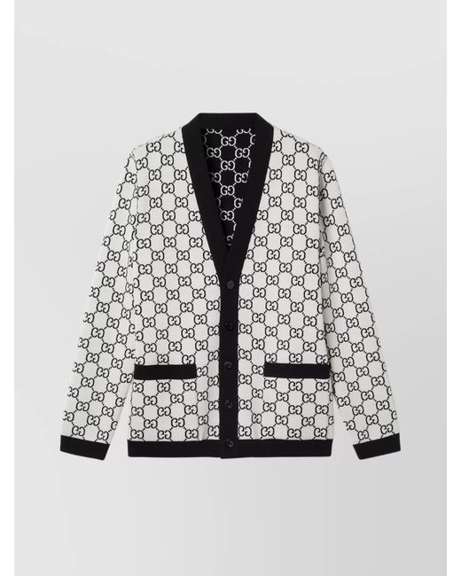 Gucci Gray Wool Reversible Fine-Knit Jacquard V-Neck Cardigan