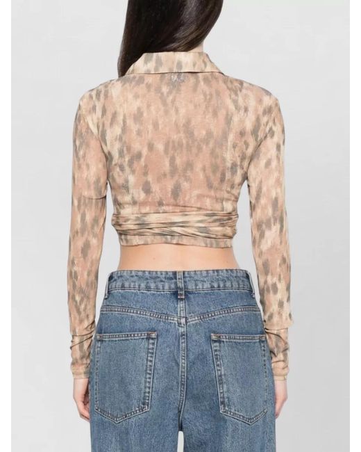 Ganni Natural Printed Wrap Long-Sleeve Cropped Blouse