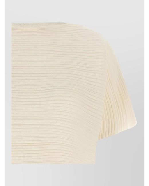 Pleats Please Issey Miyake Natural Ribbed Cropped Boat Neck Short Sleeve Knitted Top