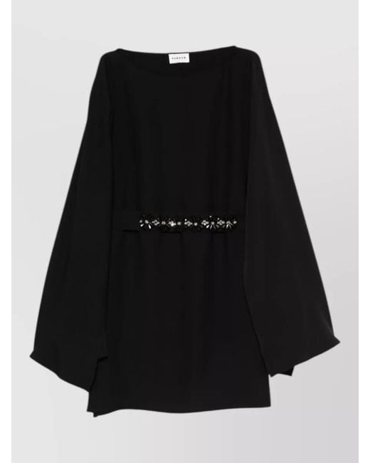 P.A.R.O.S.H. Black Embroidered Appliqué Boat Neck Wide Sleeve Mini Dress