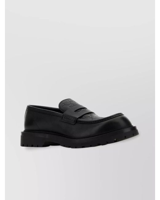 Gucci Black Leather Loafers With Round Toe And Rubber Sole for men