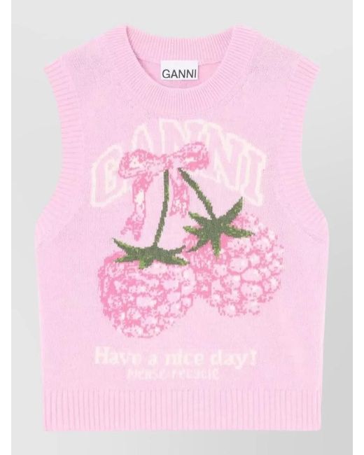Ganni Pink Ribbed Wool Sleeveless Vest
