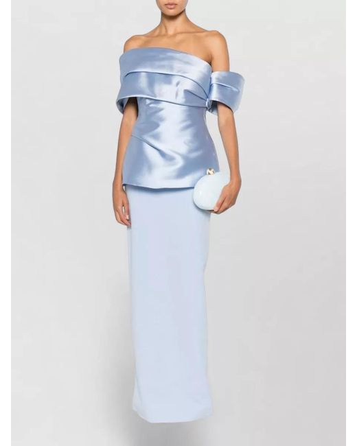 Solace London Blue Lucine Off Shoulder Satin Maxi Gown