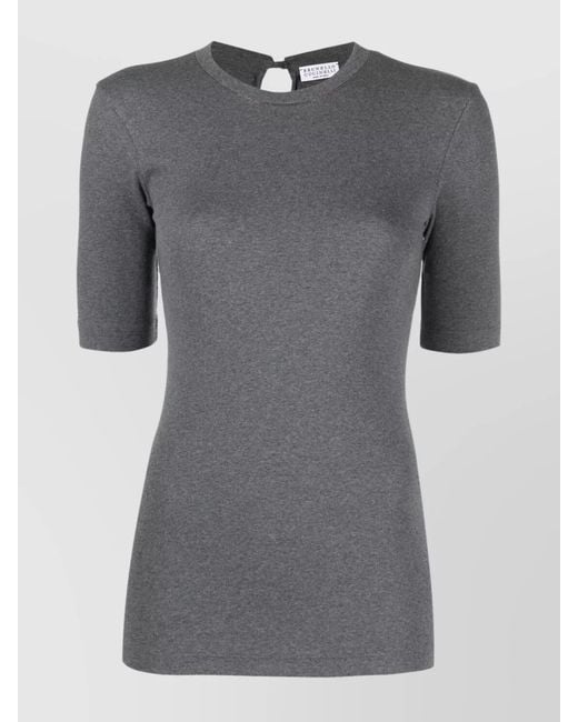 Brunello Cucinelli Gray Short Sleeve Crew Neck Top With Keyhole