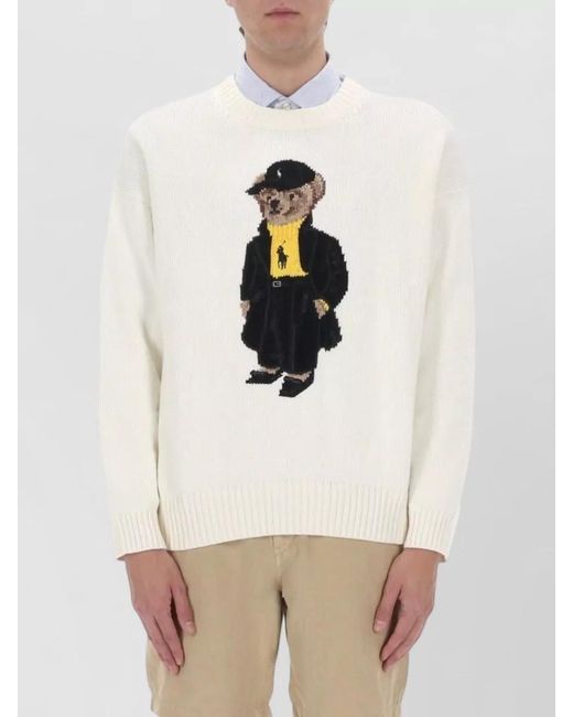 Polo Ralph Lauren White Knitwear Bear Motif Crew Neck Sweater