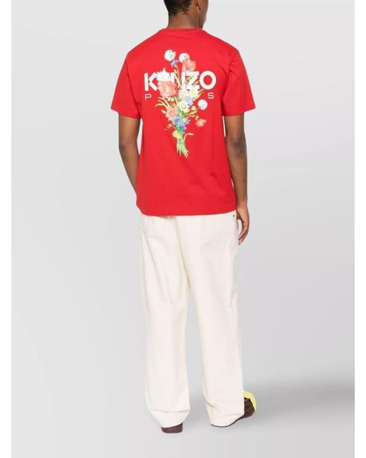 KENZO Red Floral Print Cotton T-Shirt for men