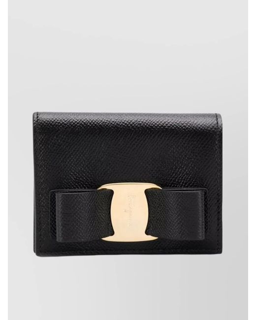 Ferragamo Black Textured Leather Wallet Featuring Bow Detail