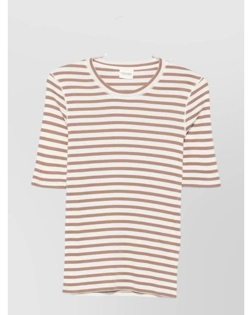 Closed Natural Striped Top Three Quarter Sleeves Round Neck