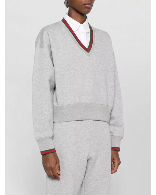 Gucci White Cropped Knit Cardigan Striped Trim V Neckline