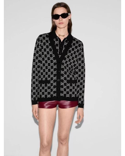 Gucci Gray Wool Reversible Fine-Knit Jacquard V-Neck Cardigan