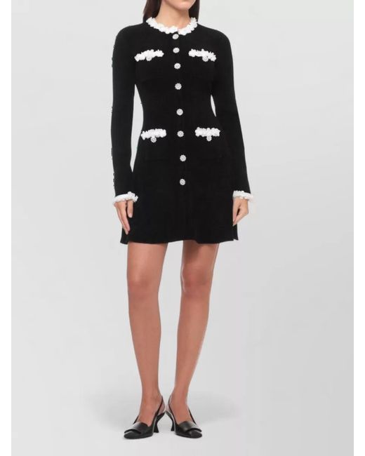 Self-Portrait Black Ribbed Chenille Knit Flower-Button Mini Dress