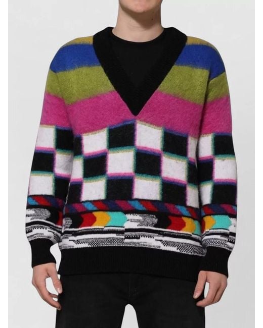 Dolce & Gabbana Black Checkered Knit V Neck Mohair Sweater for men