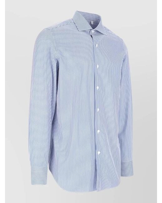 Finamore 1925 Blue Button Down Collar Striped Long Sleeve Shirt for men