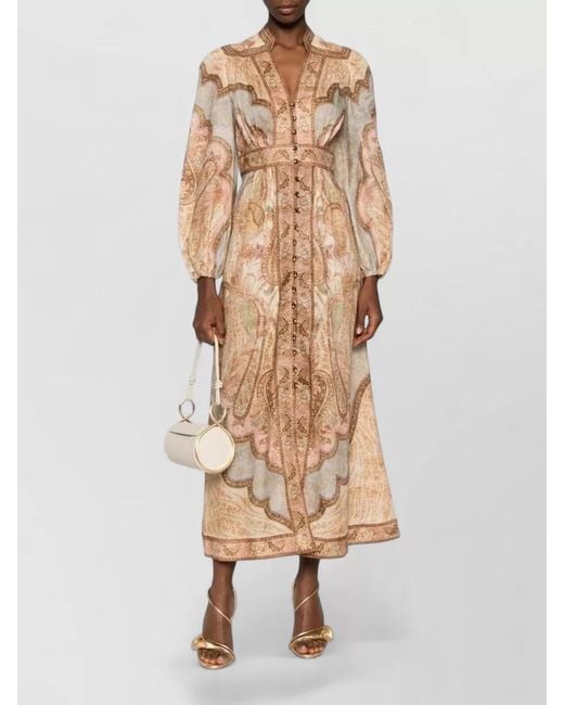 Zimmermann Natural Linen Printed V-Neck Long-Sleeve Midi Dress